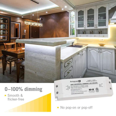 Luxury kitchen with Universal Dimmable 24 Watt 12V DC LED Driver with Triac Dimming and smooth flicker-free performance.