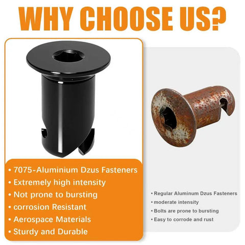 Rock Solid Badass 7075 Aluminum Dzus Fasteners 5/16 Inch flush button alongside rusty regular fastener comparison