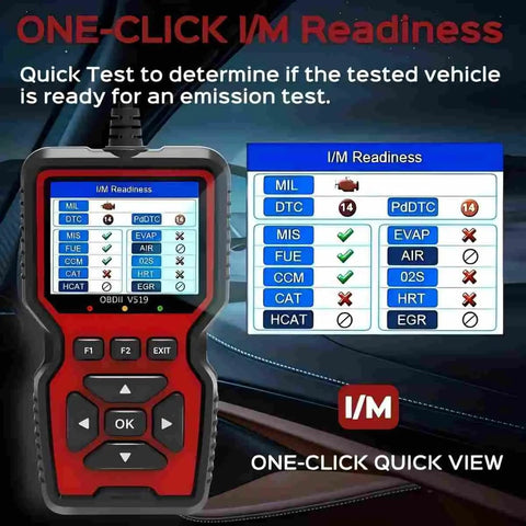 Go To All In One OBD2 Car Code Reader And Diagnostic Tool showing I/M Readiness screen and buttons for quick vehicle emission check