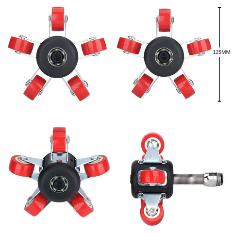 Heavy Duty Waterproof Borescope Inspection Camera With 30 Meter Line And 22 Millimeter Probe For Drain And Sewer Checks Tough TV Lens And Bright 6W Led Lights To Straight Up Crush Gunk In Tight Spots Today showing four angles of a drain cleaning camera accessory with red rollers.