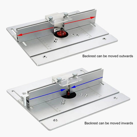 Pro Shop Quality Aluminum Router Table Insert Plate With Smooth Glide Lift Lever and Rock Solid Surface Mount Design for Heavy Duty Woodworking Trimming and Carving showing adjustable backrests.