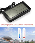 Front view of black digital car thermometer with blue backlight, compass clock, 3.9-inch LCD.