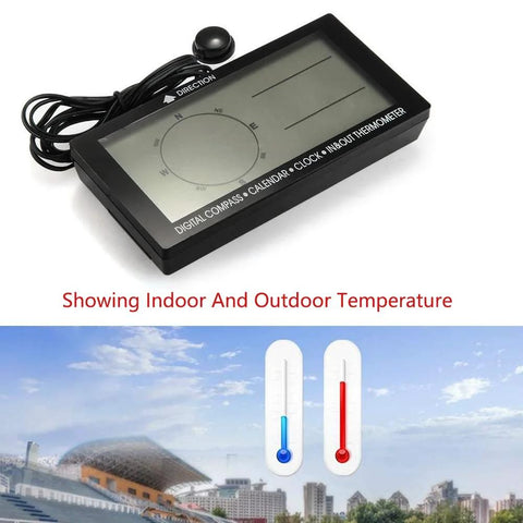 Front view of black digital car thermometer with blue backlight, compass clock, 3.9-inch LCD.