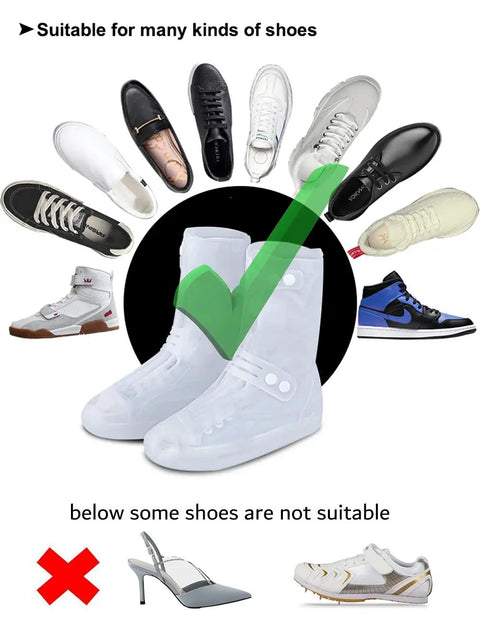 Waterproof Rain Boot Covers For Men And Women, Reusable Foldable Overshoes, Ankle High shown covering various shoe types.