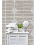 Fresh Geometric Stripe Vinyl Wall Covering With Slick Matte Linen Texture used on walls in a bathroom decor setting.