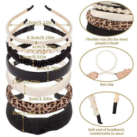 Snag These 7 Pack Of Ultra Comfy Headbands For Women Mixing Neutral Solid Knotted Padded Styles With Pearl Accents Soft Durable Daily Wear Essentials To Upgrade Any Fit image showing detailed sizes and styles of headbands.