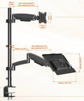 Premium Ergonomic Sit Stand Monitor Desk Mount With Wide Keyboard Tray For 17 To 32 Inch Screens diagram showing dimensions and adjustable features.
