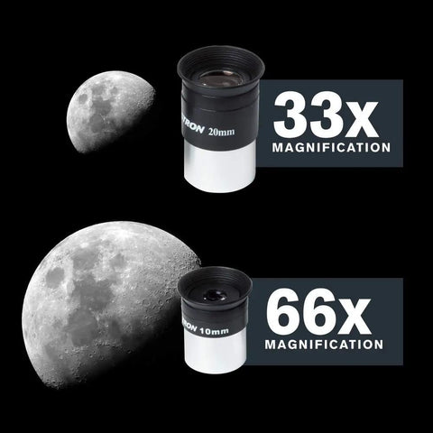 AstroMaster 102AZ Telescope accessories showing 20mm and 10mm eyepieces with 33x and 66x magnification for clear lunar views