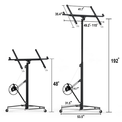 16 Foot Heavy Duty Drywall Lift And Rolling Panel Hoist, 150 Lb Capacity Telescopic Jack dimensions with adjustable arm and wheels.