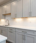 10 Pack Satin Nickel Bar Cabinet Handles Pulls, Modern Solid Steel, 5 Inch Hole Centers on gray kitchen cabinets