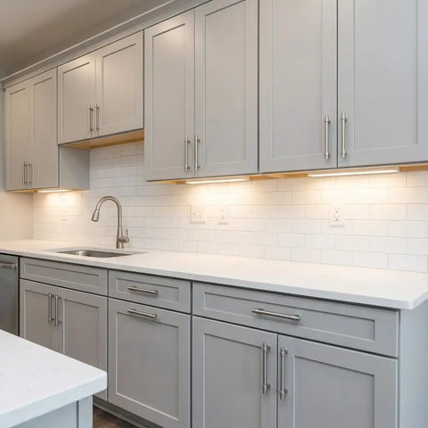 10 Pack Satin Nickel Bar Cabinet Handles Pulls, Modern Solid Steel, 5 Inch Hole Centers on gray kitchen cabinets