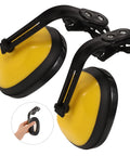 Heavy Duty Hard Hat Mounted Ear Muffs Built To Kill Loud Workshop Racket On Construction Zones And Factory Floors Dependable Industrial Hearing Safety Armor, yellow and black design with durable clips.
