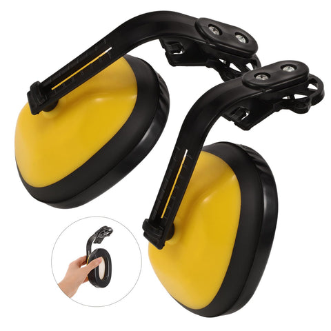 Heavy Duty Hard Hat Mounted Ear Muffs Built To Kill Loud Workshop Racket On Construction Zones And Factory Floors Dependable Industrial Hearing Safety Armor, yellow and black design with durable clips.