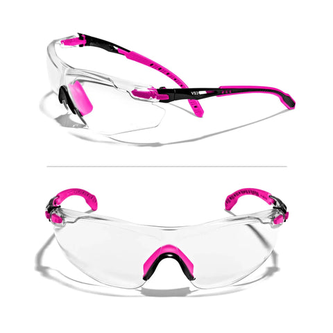 VS3 Anti Fog Safety Glasses With Clear Or Tinted Lenses, Pink Frame, ANSI Z87 Plus OSHA Compliant Eyewear angled top view