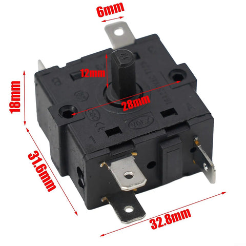 Electric Room Heater Rotary Switch 250V 16A With 3 Pin And 5 Pin Selector Control, detailed dimensions.