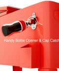 Close-up of 80 Quart Rolling Patio Cooler Cart With Drain, Locking Wheels, Bottom Storage Shelf, Bottle Opener And Cap Catcher For Poolside Parties, Backyard BBQs, Outdoor Events And Grilling Sidelines Red showing bottle opener and cap catcher
