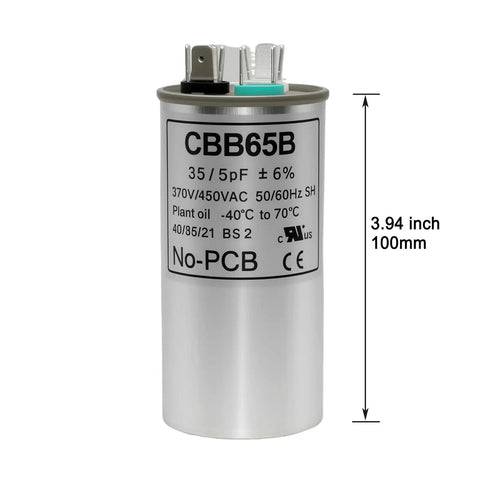 35 5 MFD Dual Run Capacitor For Air Conditioner CBB65 370 450 VAC Round Start Capacitor Replacement For Condenser Motor Or AC Unit With Six Percent Tolerance Ready To Roll
