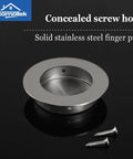 Four Pack Round Sliding Closet Door Handles With Two And A Half Inch Diameter Flush Pocket Recessed Pulls For Bypass Doors In Brushed Stainless Steel