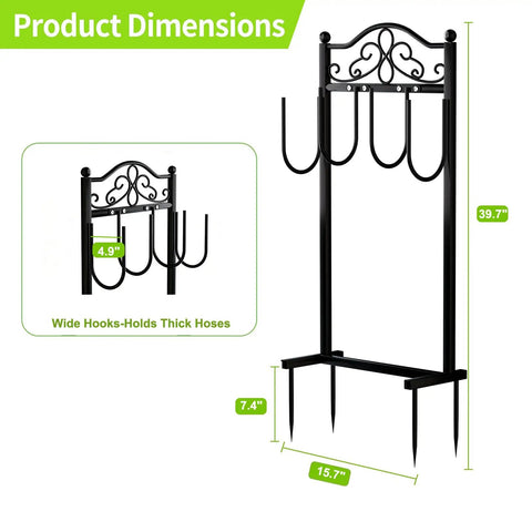 Built Tough Heavy Duty Garden Hose Holder With Four Stabilizing Spikes Freestanding Metal Hose Stand dimensions and hooks