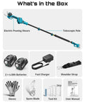 Contents of 2 In 1 Electric Pole Pruner With 4 Mode Adjustable Cut And 2 Point 2 Inch Diameter, Cordless Pruning Shears With Brushless Motor, Dual 4000mAh Batteries, Extra SK5 Blade, Built For Easy High Branch And Hedge Trimming For Yard Work.