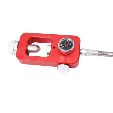 Gas Up Your Tanks With 4500 PSI DIN Valve Scuba Adapter showing red body and gauge, 36 inch braided metal hose