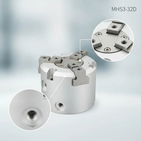 Pneumatic Clamping Chuck With Air Driven Cylinder For Precise Workpiece Grip MHS3-20D showing metal body and connection detail.