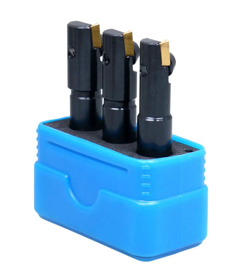Three Piece Miniature Indexable End Mill Set With One Half Inch Shank And Three Inch Overall Length Includes One Half Inch, Nine Sixteenths Inch And Five Eighths Inch Cutters With Installed TPG22 Inserts In A Fitted Case