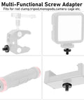Multi-Functional Screw Adapter for camera gear, fits rod clamps, tripods, monopods, black metal construction.