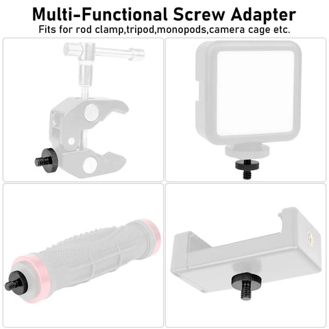 Multi-Functional Screw Adapter for camera gear, fits rod clamps, tripods, monopods, black metal construction.