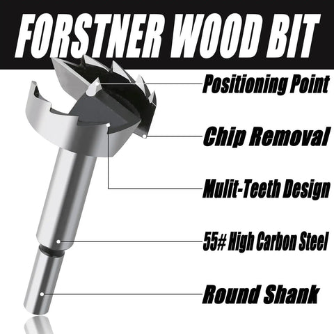 Grab These 5 PCS Forstner Drill Bits With Self Centering Design For Easy Wood Boring. Perfect For DIY Projects And Precision Holes From 15 To 35 Mm Range Using Standard Hand Tools. Super High Carbide Tips Make Cutting Smooth And Fast Without Mess! Forstner wood bit with round shank, 55# high carbon steel