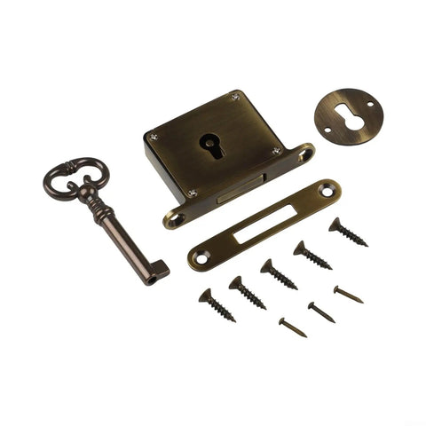 Vintage Brass Drawer Lock With Key For Cabinets And Desks, Antique Style Hardware in gold bronze finish with screws