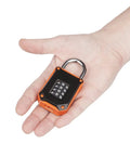 Person holding Beefy Heavy Duty Gym Locker Padlock With 4 Digit Combination Hardened Stainless Steel Body Weatherproof Outdoor Security Easy To Read Numbers Resettable And Cut Proof Lock Code 1 Pack Orange.