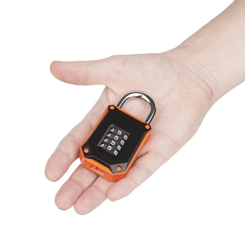 Person holding Beefy Heavy Duty Gym Locker Padlock With 4 Digit Combination Hardened Stainless Steel Body Weatherproof Outdoor Security Easy To Read Numbers Resettable And Cut Proof Lock Code 1 Pack Orange.
