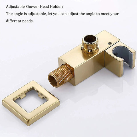 Adjustable shower head holder in brushed gold finish, compatible with Slick Wall Mounted Rain Shower System Featuring Water Powered Led Digital Display.