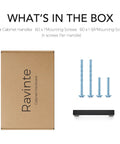 Box contents of 30 Pack Three And A Half Inch Square Cabinet Handles Matte Black Pulls, screws, and hardware shown on white background.