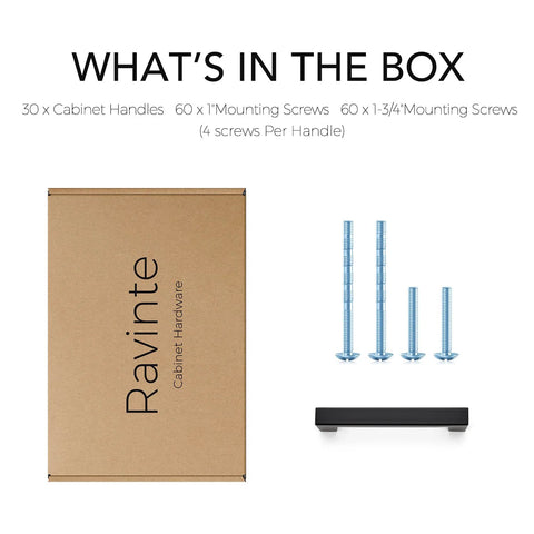 Box contents of 30 Pack Three And A Half Inch Square Cabinet Handles Matte Black Pulls, screws, and hardware shown on white background.