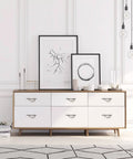 Cabinet with six drawers featuring 10 Pack Brushed Satin Nickel Cabinet Pulls 3.75 Inch Hole Centers Easy Install Kitchen Cabinet Handles Hardware For Cabinets And Drawers Durable Long Lasting Modern Look set against a minimalist decor with framed art and glass decor elements.
