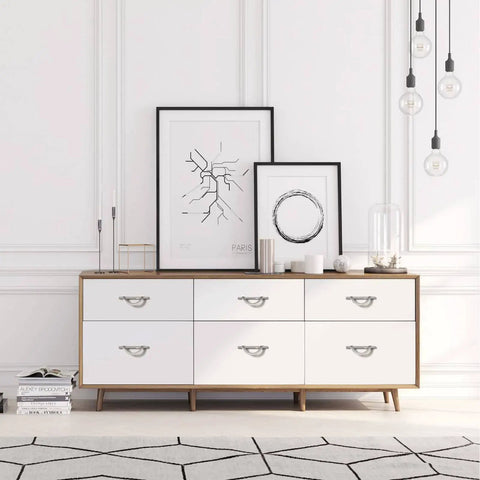 Cabinet with six drawers featuring 10 Pack Brushed Satin Nickel Cabinet Pulls 3.75 Inch Hole Centers Easy Install Kitchen Cabinet Handles Hardware For Cabinets And Drawers Durable Long Lasting Modern Look set against a minimalist decor with framed art and glass decor elements.