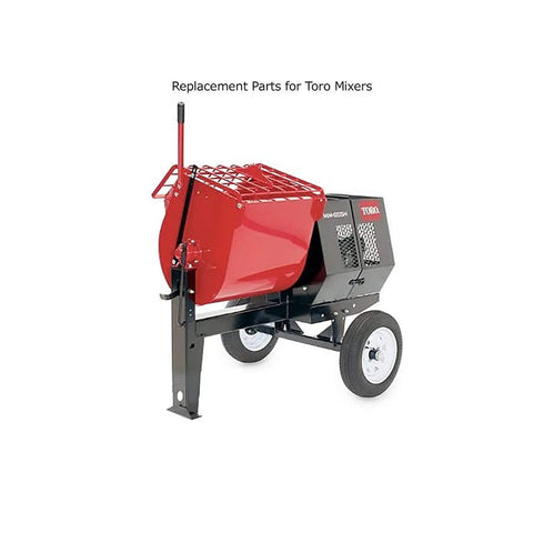 Concrete mixer with caption 'Replacement Parts for Toro Mixers', showcasing drum and wheels.
