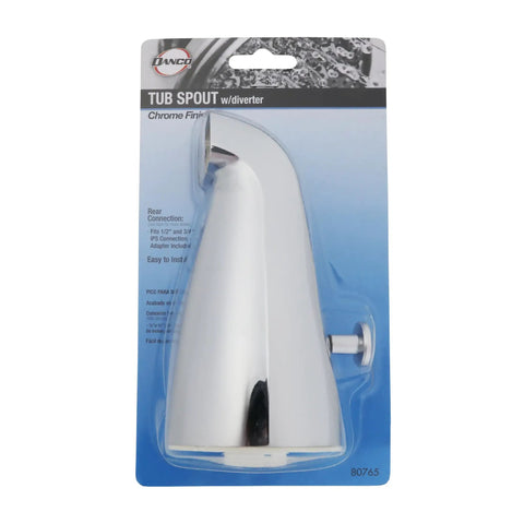 Replacement Tub Spout With Diverter Chrome 5 Inch For 1/2 Inch Or 3/4 Inch IPS Connections, Rear Pull Up Diverter