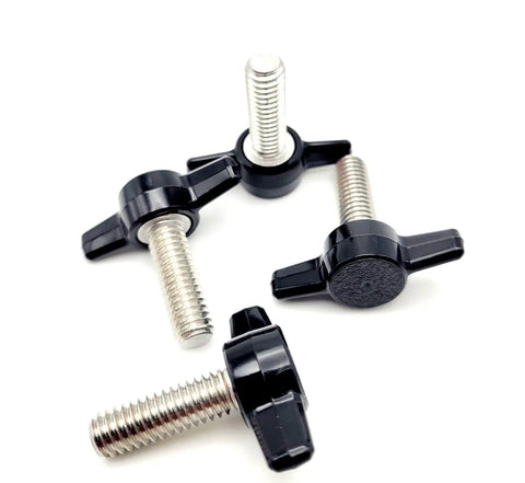 Hassle Free 5/16 Inch By 1 Inch T Bolt Screws Featuring Black Butterfly Wing Knob Corrosion Resistant 304 Stainless Steel Heavy Duty Thumb Screws grouped together.