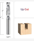 Front view of SpeTool upcut router bit, extra-long 4-in length, 1/2-in shank, 1/2-in carbide, wood mortises and dadoes
