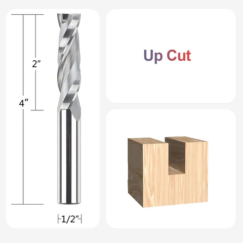 Front view of SpeTool upcut router bit, extra-long 4-in length, 1/2-in shank, 1/2-in carbide, wood mortises and dadoes