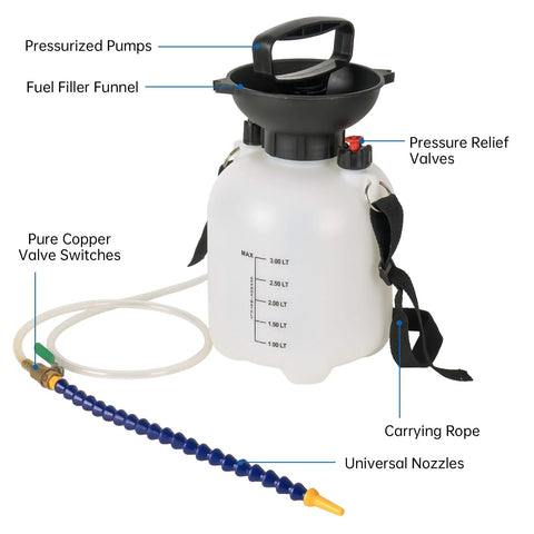 3L Transmission Fluid Pump for Manual Transmission Oil Filling System with marked capacity, hoses, and copper valve switches.