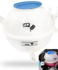 Coolant Overflow Reservoir Expansion Recovery Tank Replacement For VW Jetta Golf Passat Beetle And Audi A3 TT Quattro Fits Multiple Models With Easy Install And No Fuss Coolant Return, white spherical tank with blue cap, close-up view.