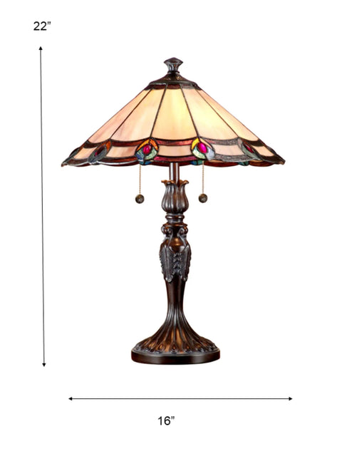 Aldridge Peacock Table Lamp In Antique Bronze Finish With Hand Rolled Copper Foiled Art Glass Panels And Cream Amber Backdrop