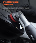 Cordless Mini Car Polisher 12V Micro Random Orbital Buffer For Polishing Sanding And Cleaning Your Vehicle Lightweight Scratch Killer For A Flawless Paint Finish being used on black vehicle surface.