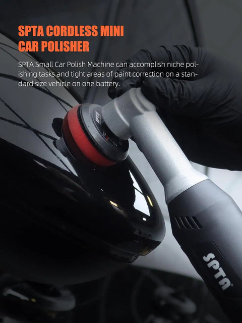 Cordless Mini Car Polisher 12V Micro Random Orbital Buffer For Polishing Sanding And Cleaning Your Vehicle Lightweight Scratch Killer For A Flawless Paint Finish being used on black vehicle surface.