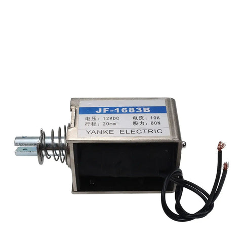 12V DC Push Pull Open Frame Solenoid Electromagnet With 80N Force And 15mm Stroke, 120W, 10A, Linear Motion Actuator For Transport Equipment, Built For Fast, Smooth Action And Heavy Duty Magnetic Plunger System, metal body, 20mm stroke, wired leads