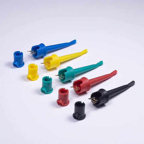 Insulated Test Hook Clip Set For Multimeter Lead Kit, nylon probes in red, yellow, blue, green, black for PCB, IC testing.